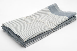 Set of three grey linen kitchen towels: stripped, checked, solid color. Manufacturer: AB “Siulas”