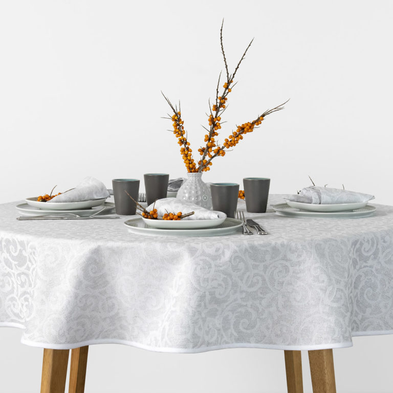 Round linen tablecloth in grey white color jacquard. Manufacturer: AB ‘Siulas’
