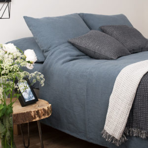 Bluish Grey Washed Bed Linen. Consist of duvet cover, pillowcase and a bed sheet. Produced in Europe.