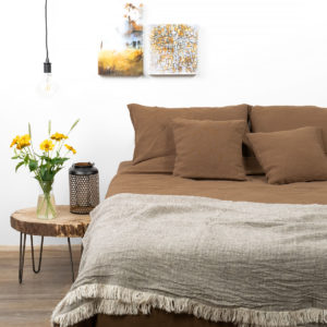 Linen - cotton bedding in brown color: bed sheet, duvet cover and pillowcase. Manufacturer: AB “Siulas”