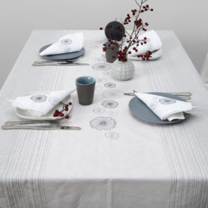 Linen tablecloth light grey with embroidery and stripes. Manufacturer: AB ‘Siulas’