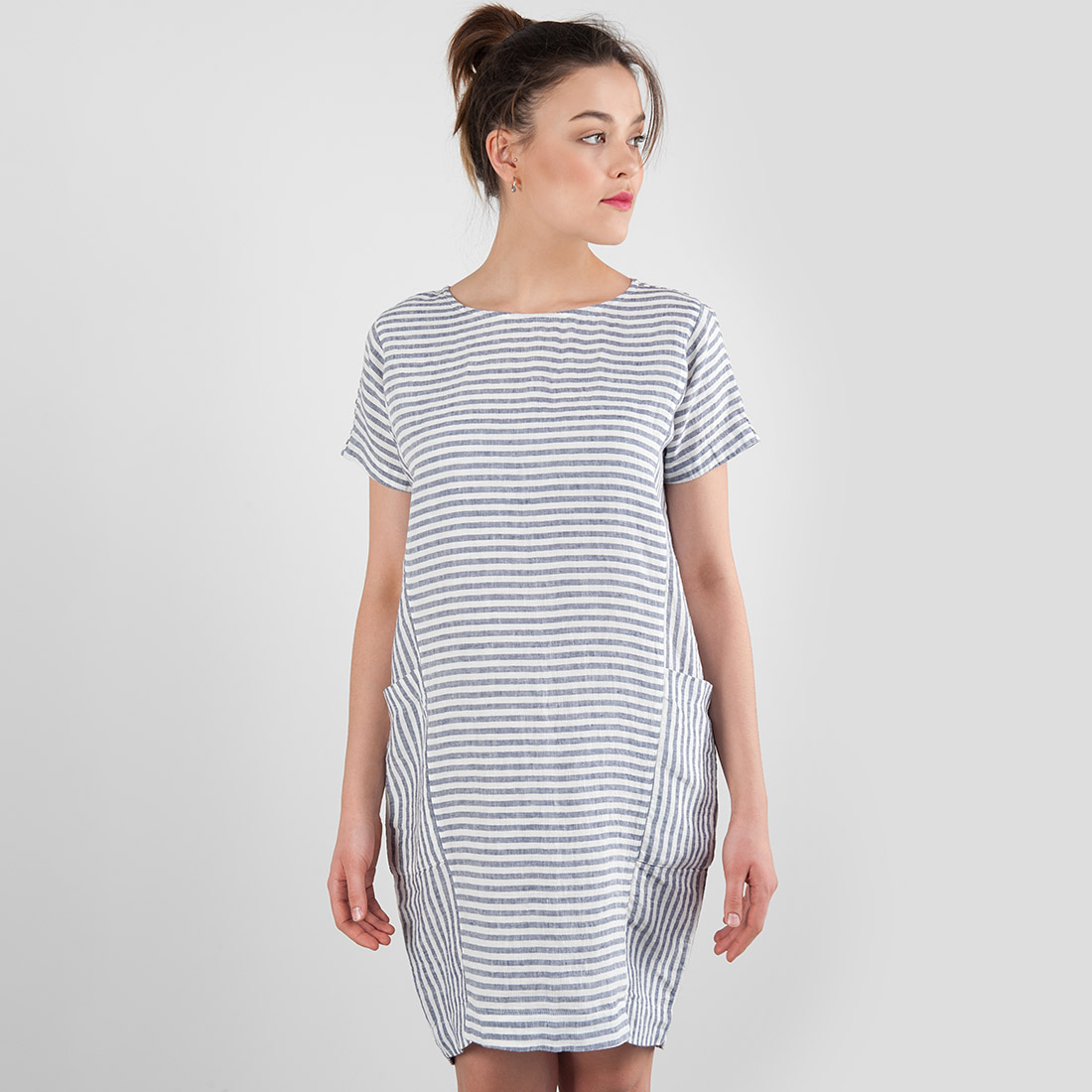 Linen dress in blue - white stripes, short. Manufacturer: AB “Siulas”